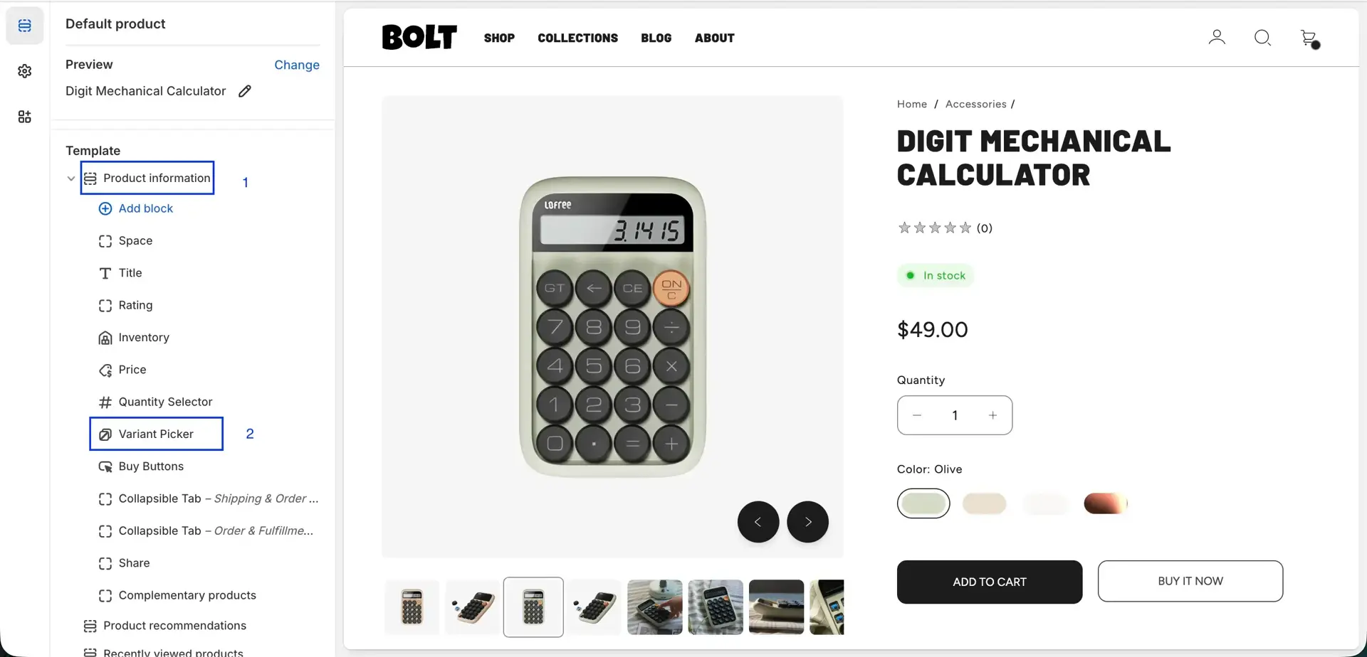Shopify product page color swatches first step